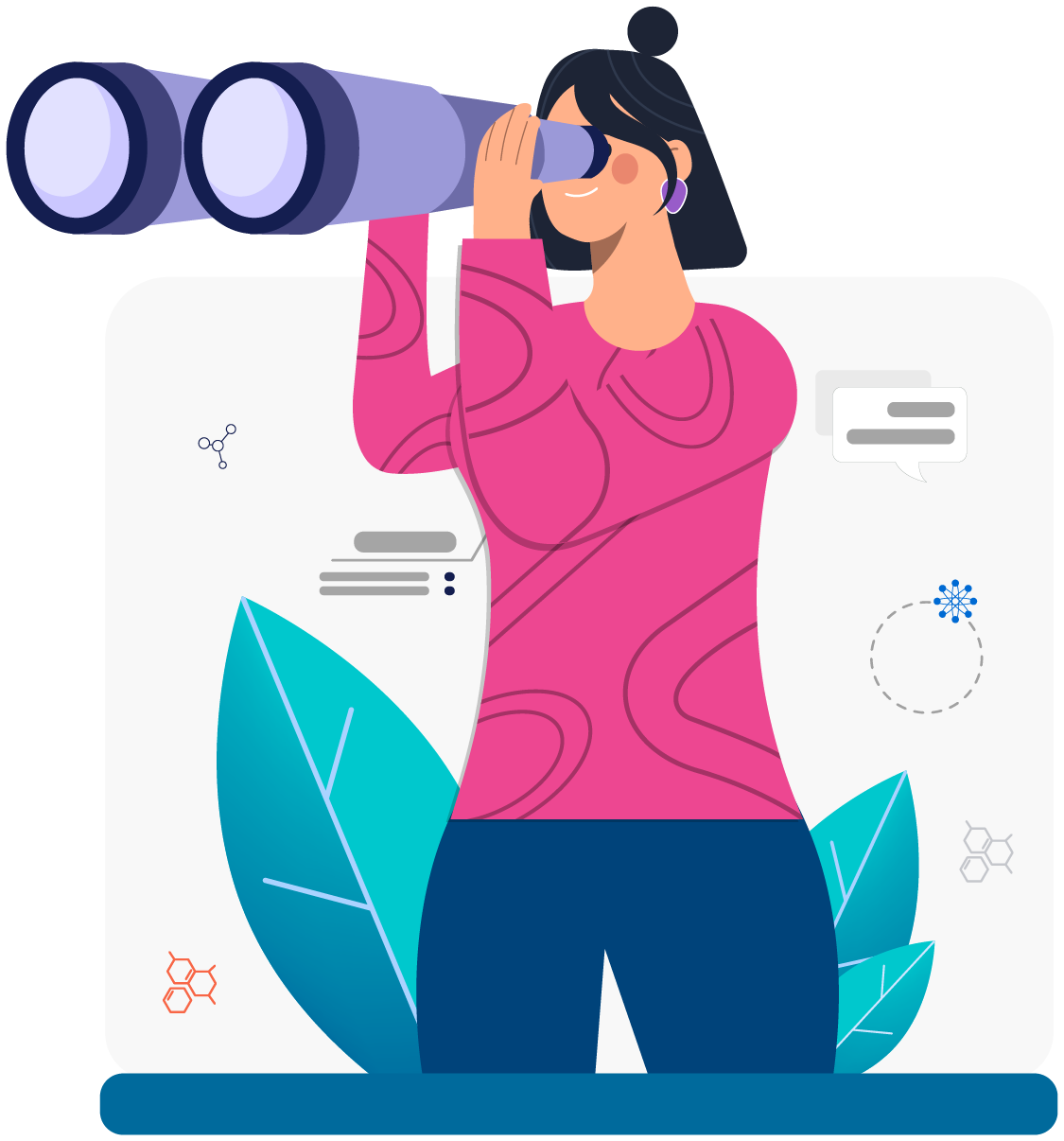 up to data Jobs | Stylized illustration of person in pink shirt looking through binoculars with decorative leaves on transparent background