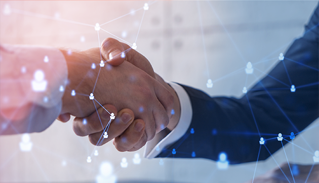 up to data | Business handshake with digital network overlay showing connected nodes and partnership connectivity