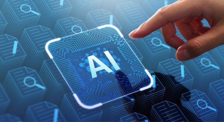 up to data StudyGen 360 StudyAI | Hand touching digital AI interface with circuit patterns and floating document symbols in background.