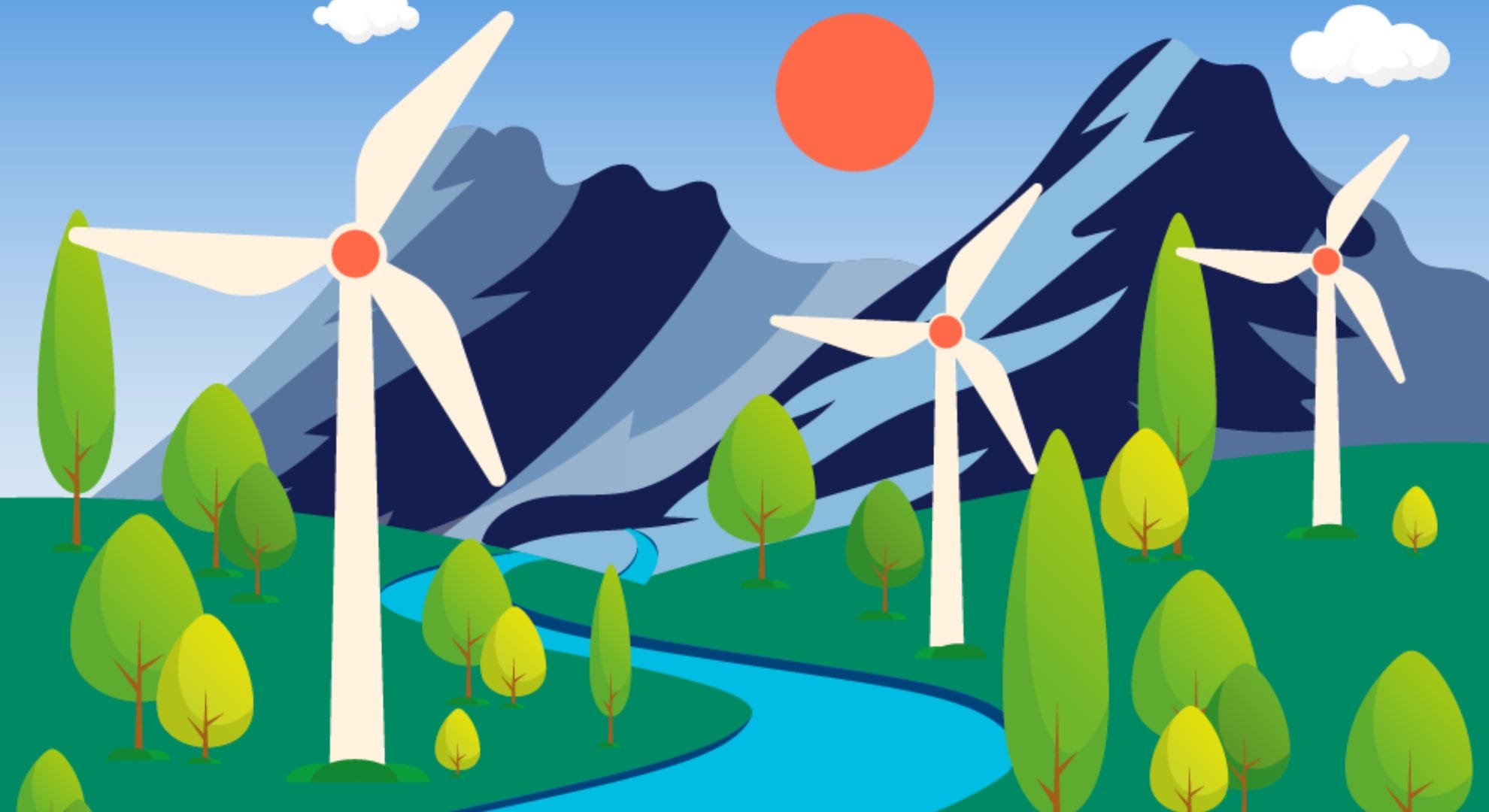 up to data Sustainability | Stylized landscape illustration with white wind turbines, rolling green hills, winding blue river, and mountains under a sunny sky with clouds.
