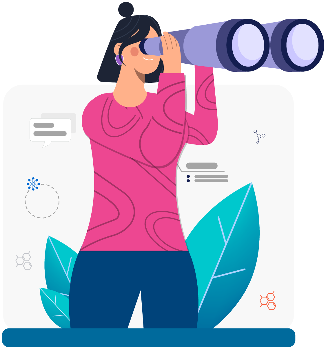 up to data Jobs | Stylized illustration of person in pink shirt looking through binoculars with decorative leaves on transparent background