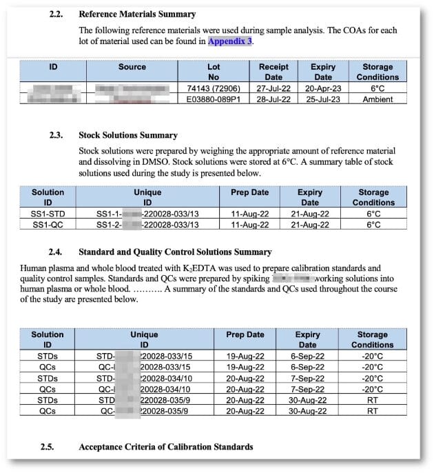StudyGen 360 ICHM10 table example showing reference materials, stock solutions, and QC standards, with lot information, preparation dates, expiry dates, and storage conditions.