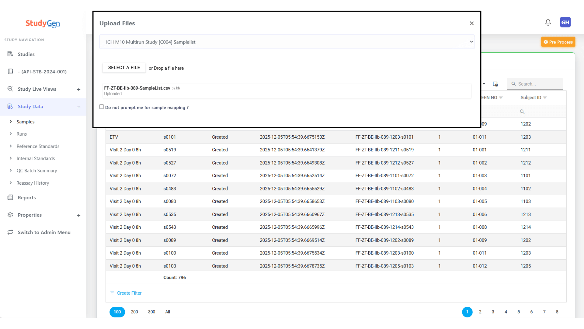StudyGen 360 upload files dialog for ICH M10 multirun study showing file upload interface with sample list import, and background table displaying sample data with ETV, study visit information, creation timestamps, and subject IDs for sample mapping and data integration.