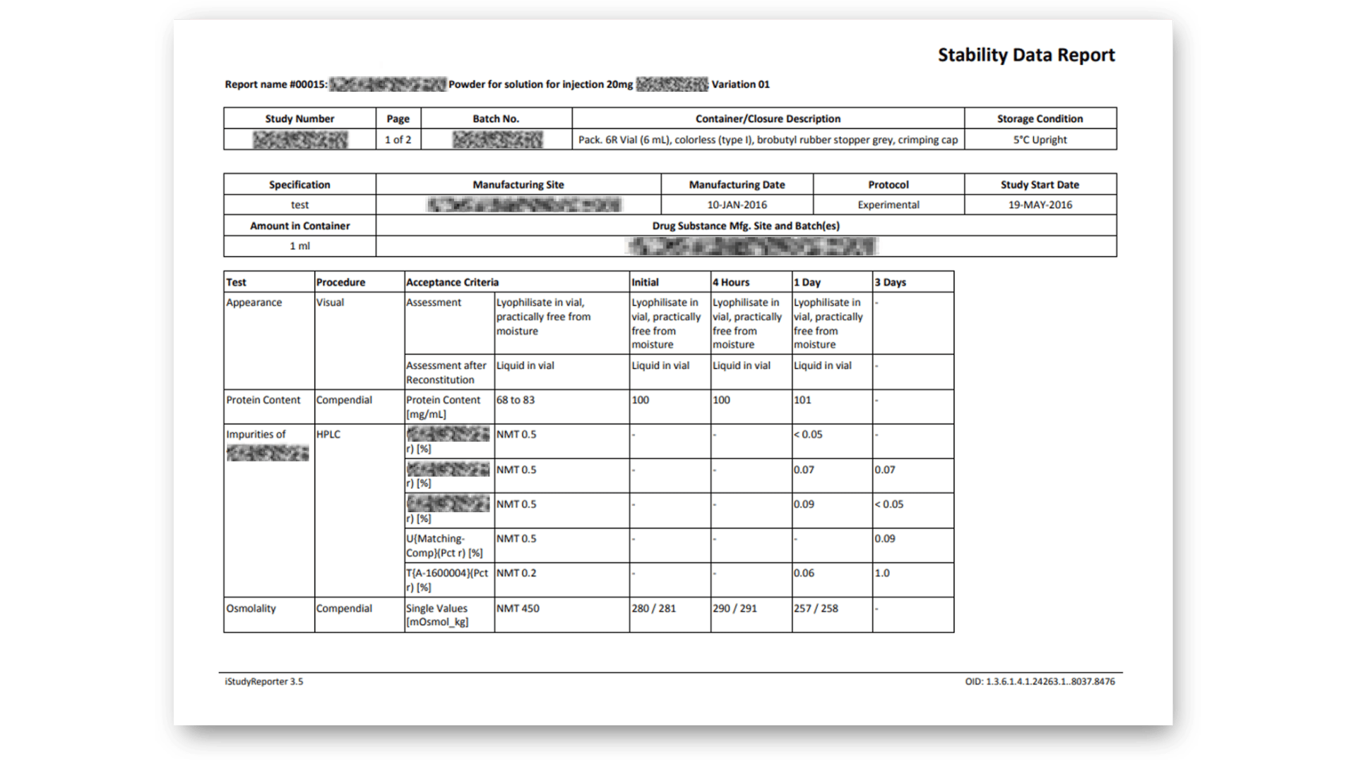 StudyReporter stability data report showing pharmaceutical product stability testing results with batch information, storage conditions, and test data including appearance, protein content, impurities analysis by HPLC, and osmolality measurements across initial and multiple timepoints (4 hours, 1 day, 3 days).