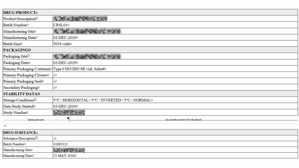 StudyReporter stability report showing drug product and drug substance information including product description, batch numbers, manufacturing dates, packaging details (primary container Type I ISO-DIN-6R vial), storage conditions, and study identification for stability data reporting and documentation.