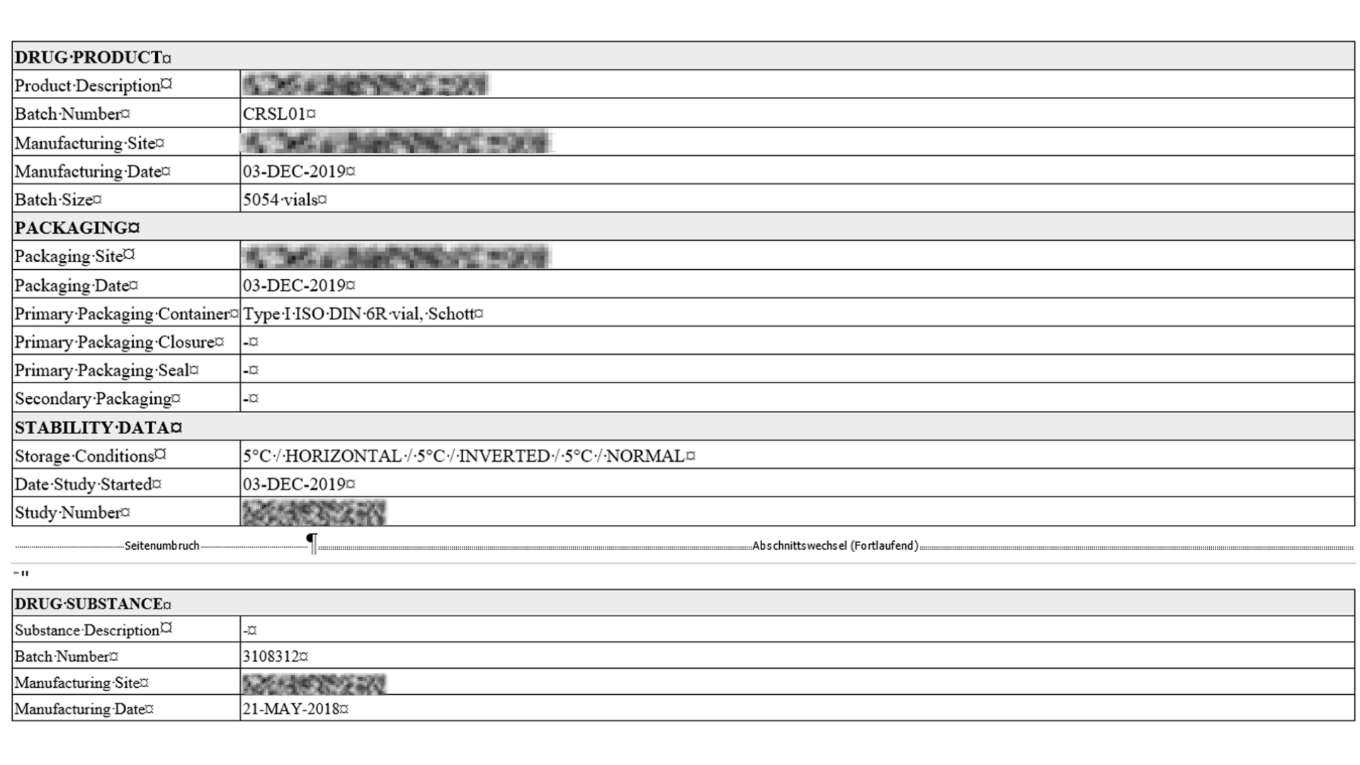 StudyReporter stability report showing drug product and drug substance information including product description, batch numbers, manufacturing dates, packaging details (primary container Type I ISO-DIN-6R vial), storage conditions, and study identification for stability data reporting and documentation.