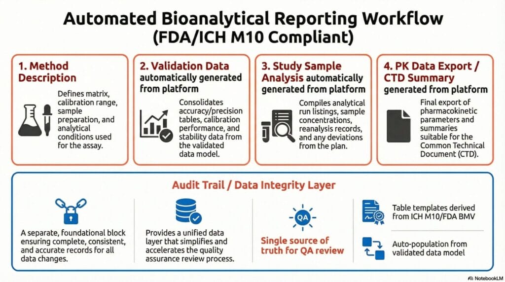 Infographic illustrating a four-step automated bioanalytical reporting workflow compliant with FDA and ICH M10: method description, auto-generated validation data, auto-generated study sample analysis, and PK data export with CTD summaries. The bottom section shows the underlying audit trail and data integrity layer, with unified QA review, regulatory table templates, and auto-population from a validated data model.