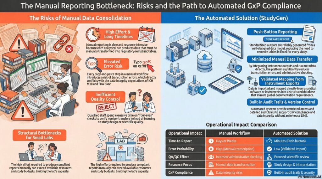 Infographic comparing risks of manual bioanalytical data consolidation, including high effort, elevated transcription error risk, inefficient QA checks, and structural bottlenecks for small labs against the automated StudyGen solution featuring push-button reporting, minimized manual data transfer, validated instrument mapping, and built-in audit trails. The operational impact table shows that reporting time was reduced from days to minutes, with improved GxP compliance.