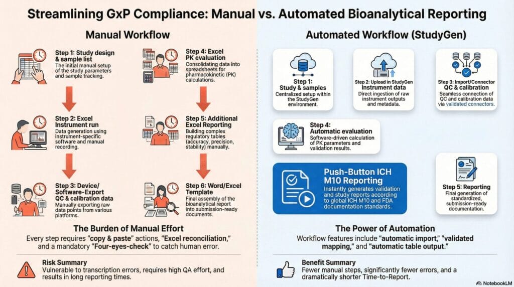 Infographic comparing six-step manual bioanalytical reporting workflow using Excel and Word with error-prone copy-paste processes against a five-step automated StudyGen workflow featuring centralized data import, validated connectors, automatic PK evaluation, and push-button ICH M10 compliant report generation for faster, more accurate GxP documentation.