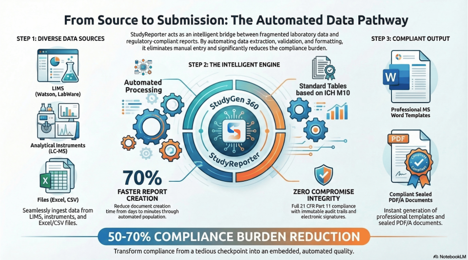 Infographic showing StudyGen 360 StudyReporter's automated data pathway from source to submission: Step 1 ingests data from LIMS (Watson, LabWare), analytical instruments (LC-MS), and Excel/CSV files. Step 2, the intelligent engine, automates processing and reduces report creation time by 70%. Step 3 outputs compliant MS Word templates and sealed PDF/A documents. Key claims: 50–70% compliance burden reduction and full 21 CFR Part 11 compliance with audit trails and electronic signatures.