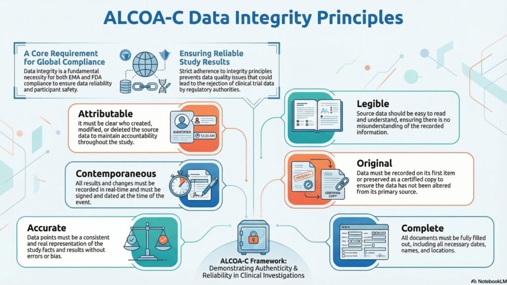 Infographic explaining the ALCOA-C Data Integrity Principles as a core requirement for EMA and FDA compliance in clinical trials. The six principles are illustrated with icons: Attributable (clear identification of who created, modified, or deleted data), Contemporaneous (results recorded in real-time and signed at the time of the event), Accurate (data free from errors or bias), Legible (data easy to read and understand), Original (data recorded at source or preserved as a certified copy), and Complete (all documents fully filled out with dates, names, and locations). The framework aims to demonstrate authenticity and reliability in clinical investigations.