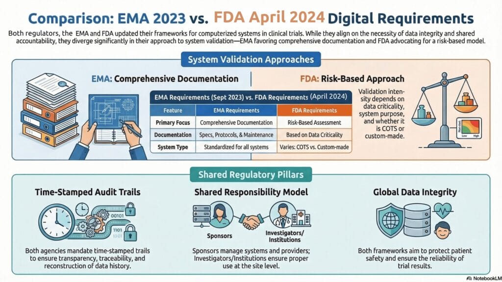 Infographic comparing EMA (September 2023) and FDA (April 2024) digital requirements for computerized systems in clinical trials. The upper section contrasts system validation approaches: EMA requires comprehensive documentation covering specs, protocols, and maintenance standardized across all systems, while the FDA applies a risk-based approach where validation intensity depends on data criticality, system purpose, and whether the system is COTS or custom-made. The lower section highlights three shared regulatory pillars: time-stamped audit trails for transparency and traceability, a shared responsibility model between sponsors and investigators/institutions, and a global data integrity commitment to protect patient safety and ensure reliable trial results.