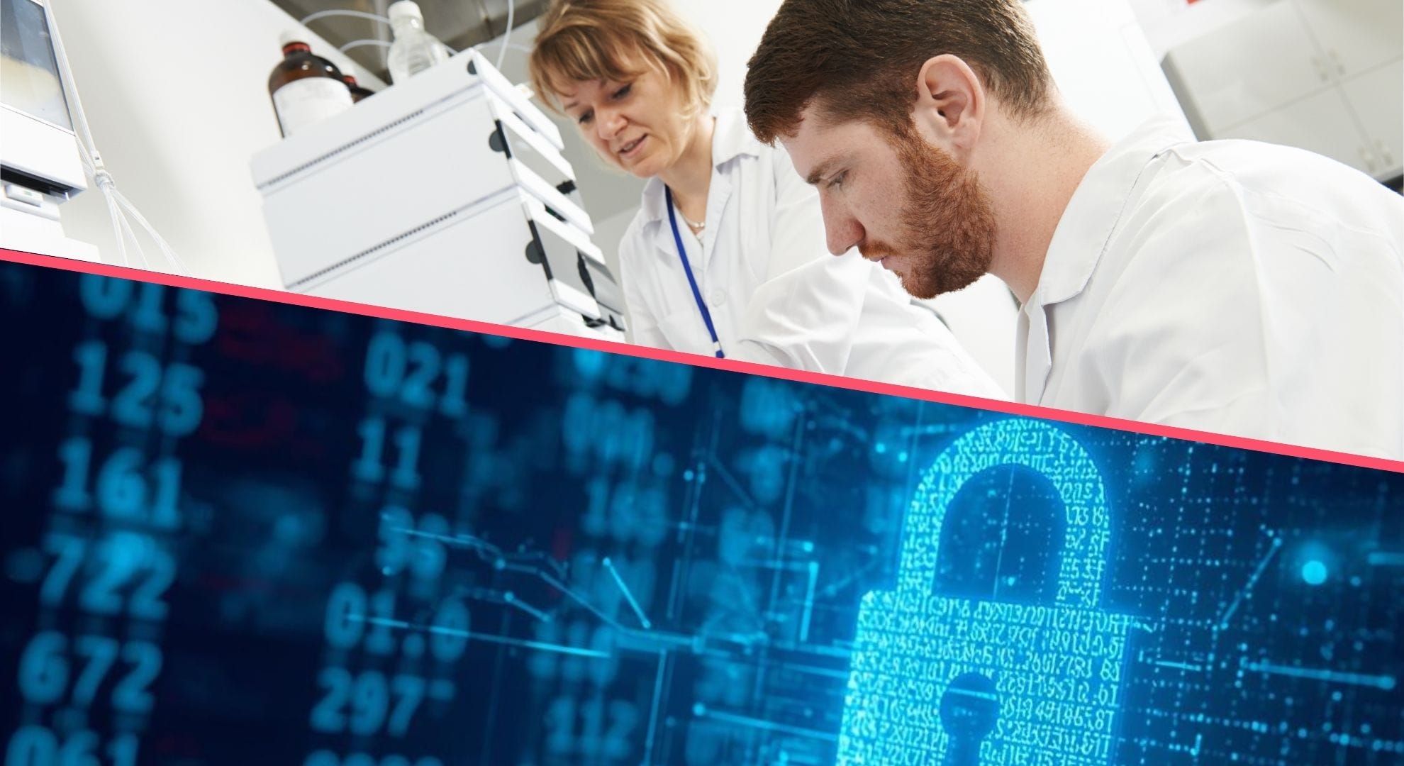 Two bioanalytical scientists in a GxP laboratory reviewing Watson LIMS study data — overlaid with a digital data security visualization, illustrating the regulatory requirement for tamper-evident, long-term retention of bioanalytical study records under 21 CFR Part 11 and EU GMP Annex 11.