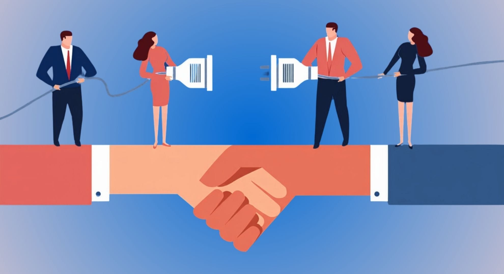 Illustration of two business figures connecting plugs on top of a handshake, representing cost-effective LIMS decommissioning and study data archiving after mergers and acquisitions.