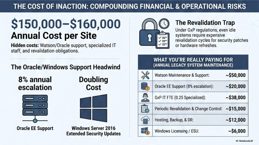Infographic detailing the compounding financial and operational risks of maintaining a legacy Watson LIMS environment — showing $150,000 to $160,000 in annual costs per site, broken down across Watson maintenance and support (~$50,000), Oracle EE support at 8% annual escalation (~$20,000), GxP IT FTE (~$38,000), periodic revalidation (~$15,000), hosting and disaster recovery (~$12,000), and Windows licensing and ESU (~$6,000) — plus the revalidation trap requiring costly GxP change control cycles even for idle systems.