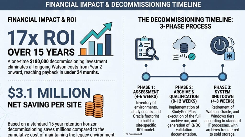 Infographic showing the financial impact and ROI of Watson LIMS decommissioning — highlighting a 17x ROI over 15 years, $3.1 million net saving per site, and payback in under 24 months from a one-time $180,000 investment — alongside a 3-phase decommissioning timeline: Phase 1 Assessment (4–6 weeks), Phase 2 Archive & Qualification (8–12 weeks), and Phase 3 System Shutdown (4–8 weeks).