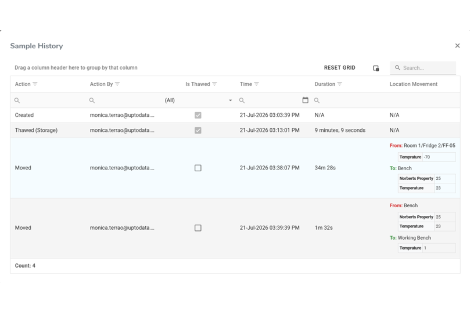 StudyLab sample history log showing freeze-thaw cycles with timestamps, durations and temperature at each move.