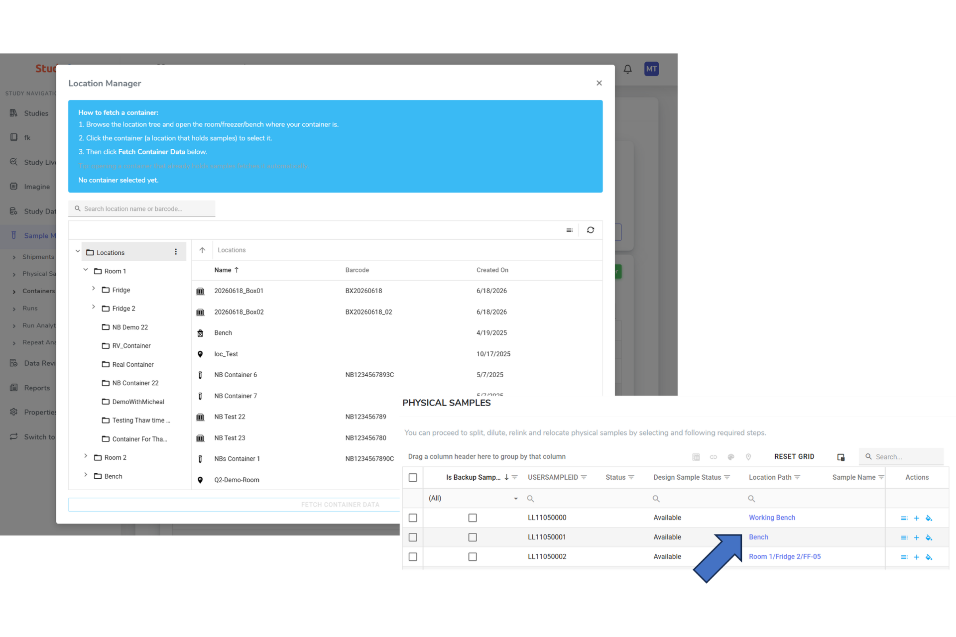 StudyLab location manager with hierarchical room, freezer and container tree and sample location paths.