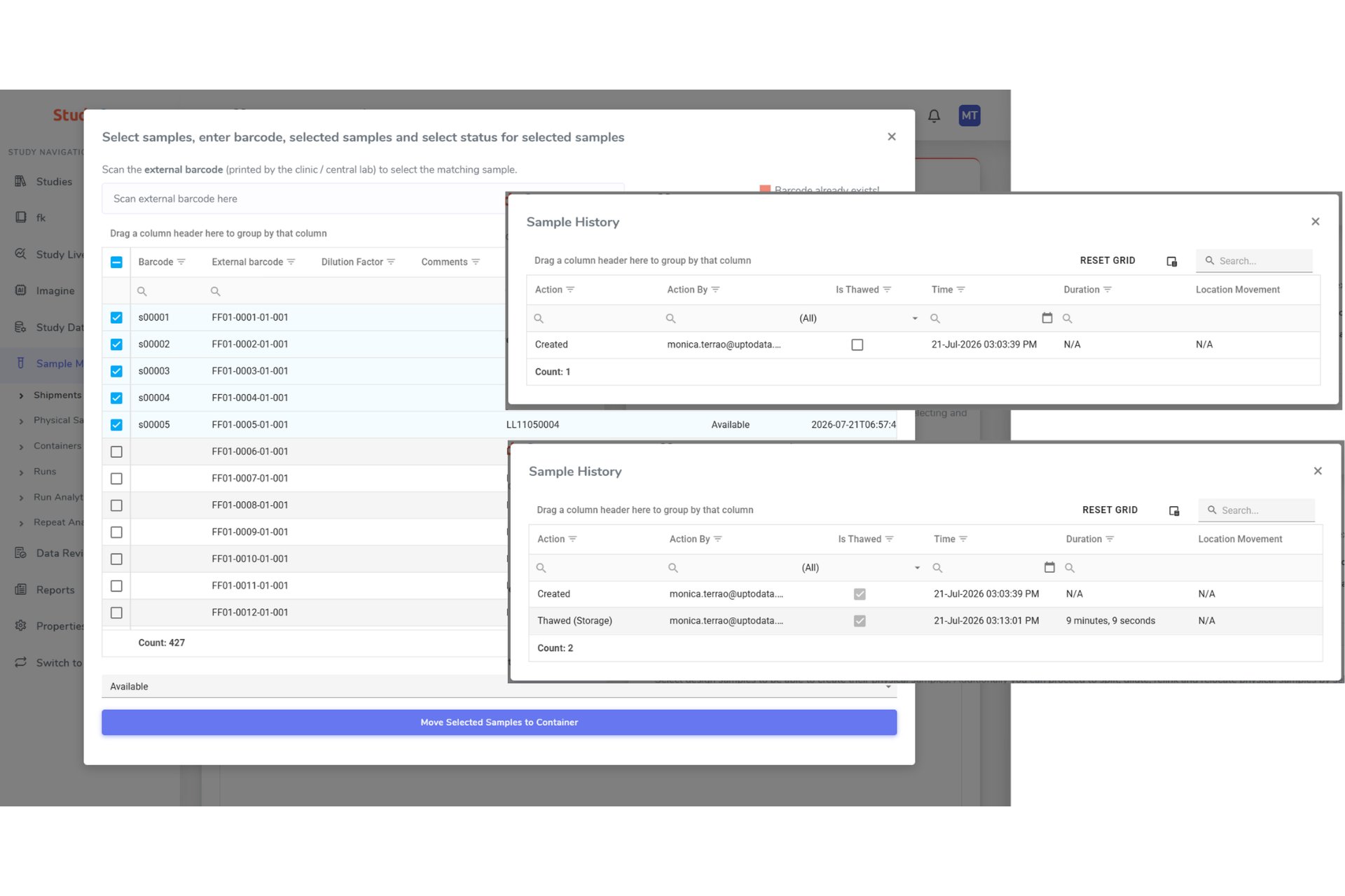 StudyLab physical sample selection with barcode scanning and per-sample history showing chain of custody.