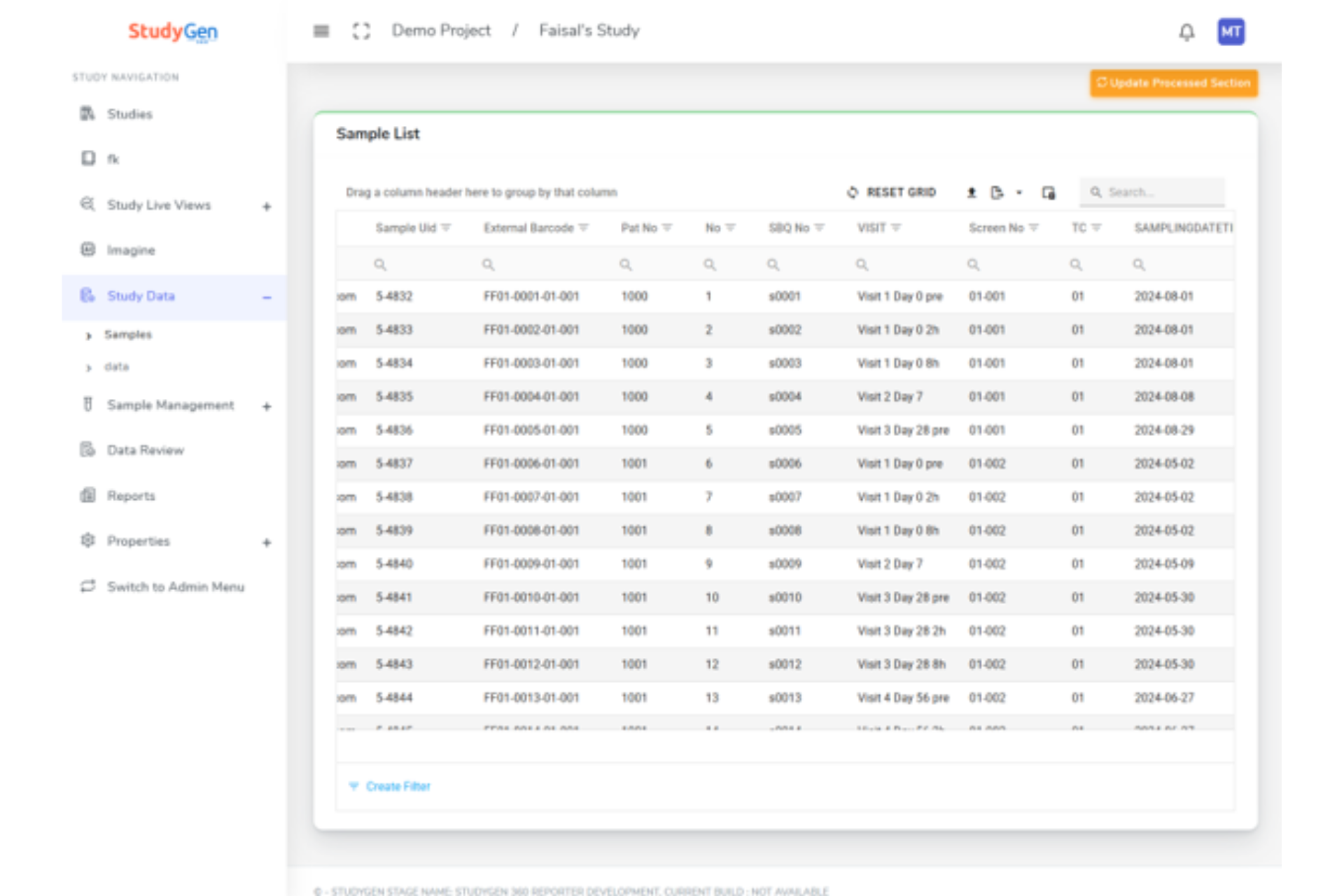 StudyLab sample list showing planned samples with barcodes, visits and sampling dates in a StudyGen 360 study.