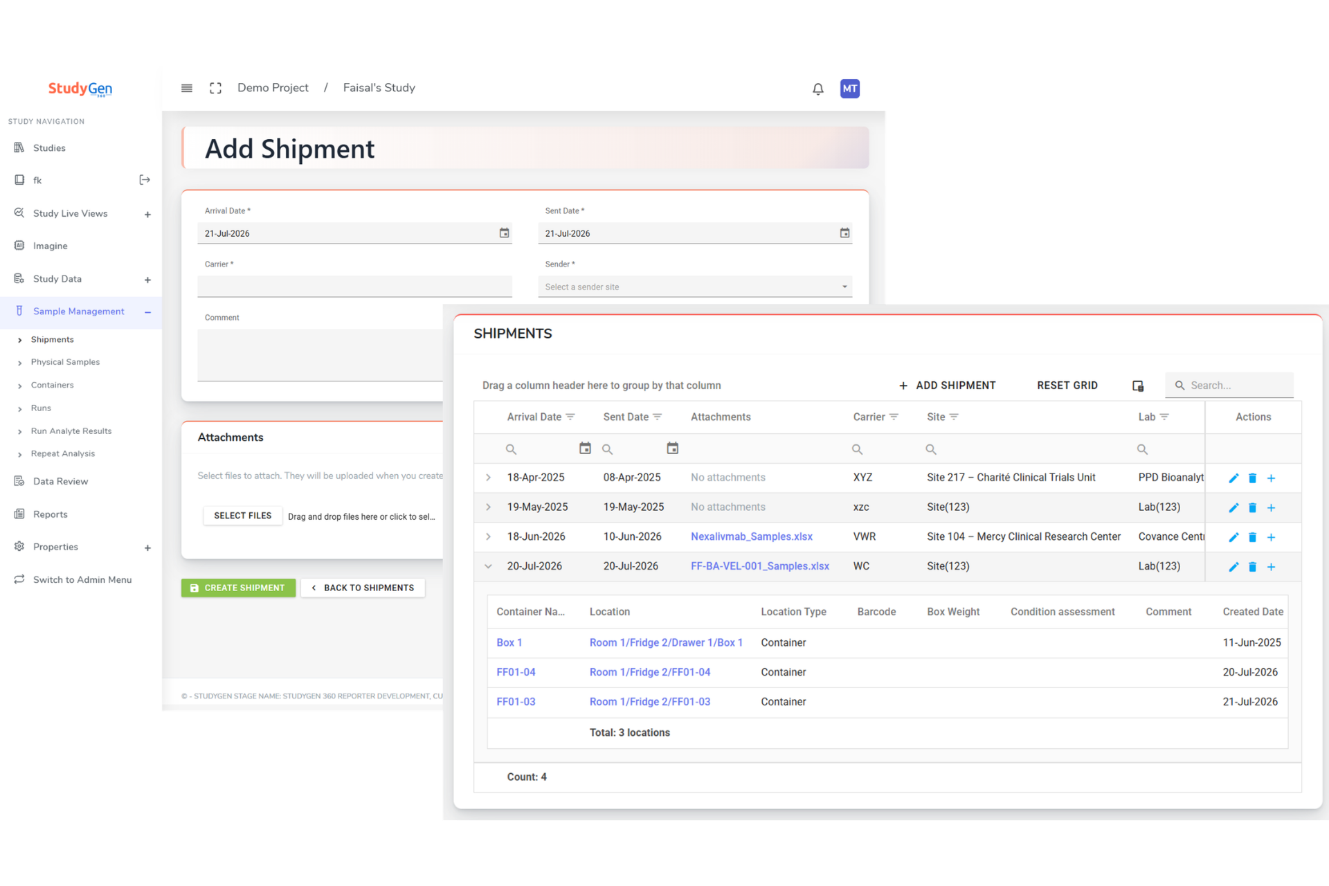 StudyLab shipment receipt screen with arrival details, attachments and container locations.