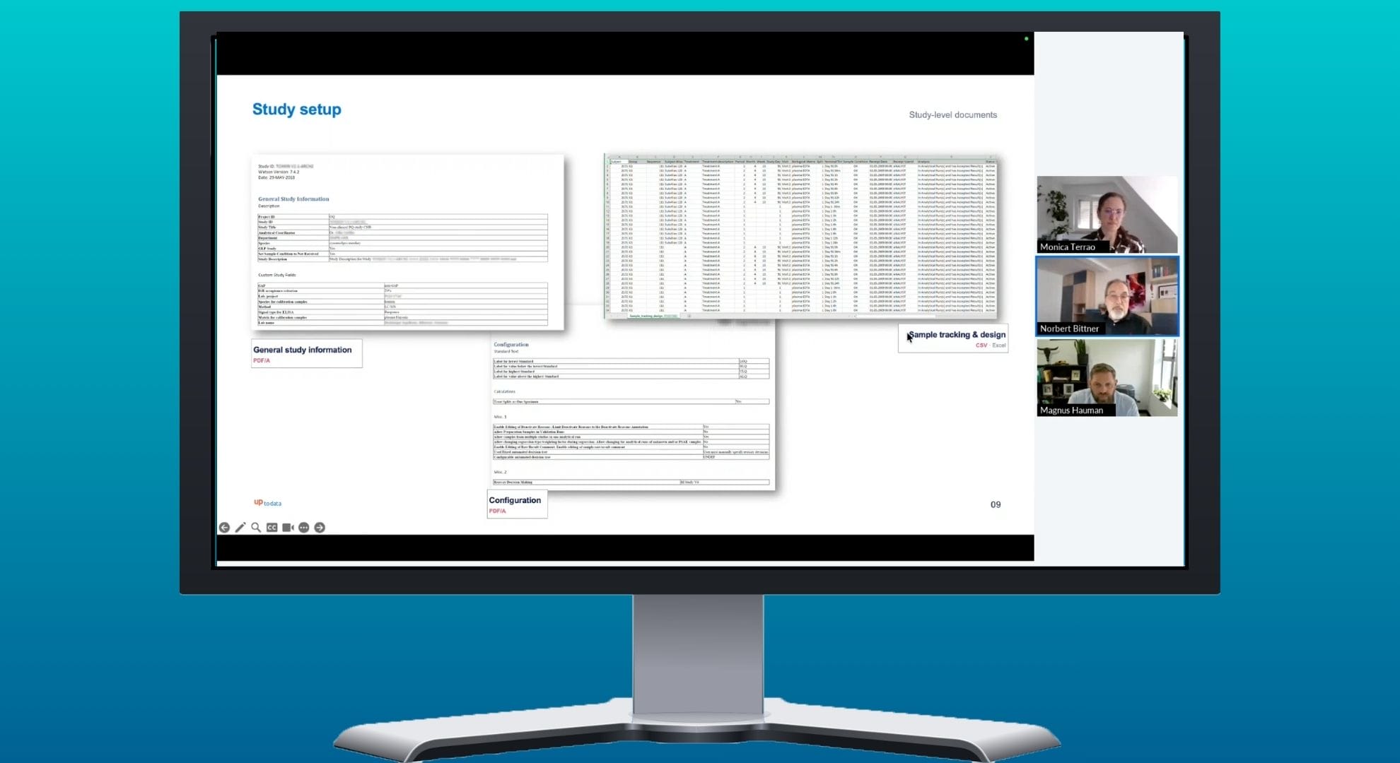Monitor showing a StudyGen 360 human-readable study archive during the up to data Expert Coffee Break webinar.