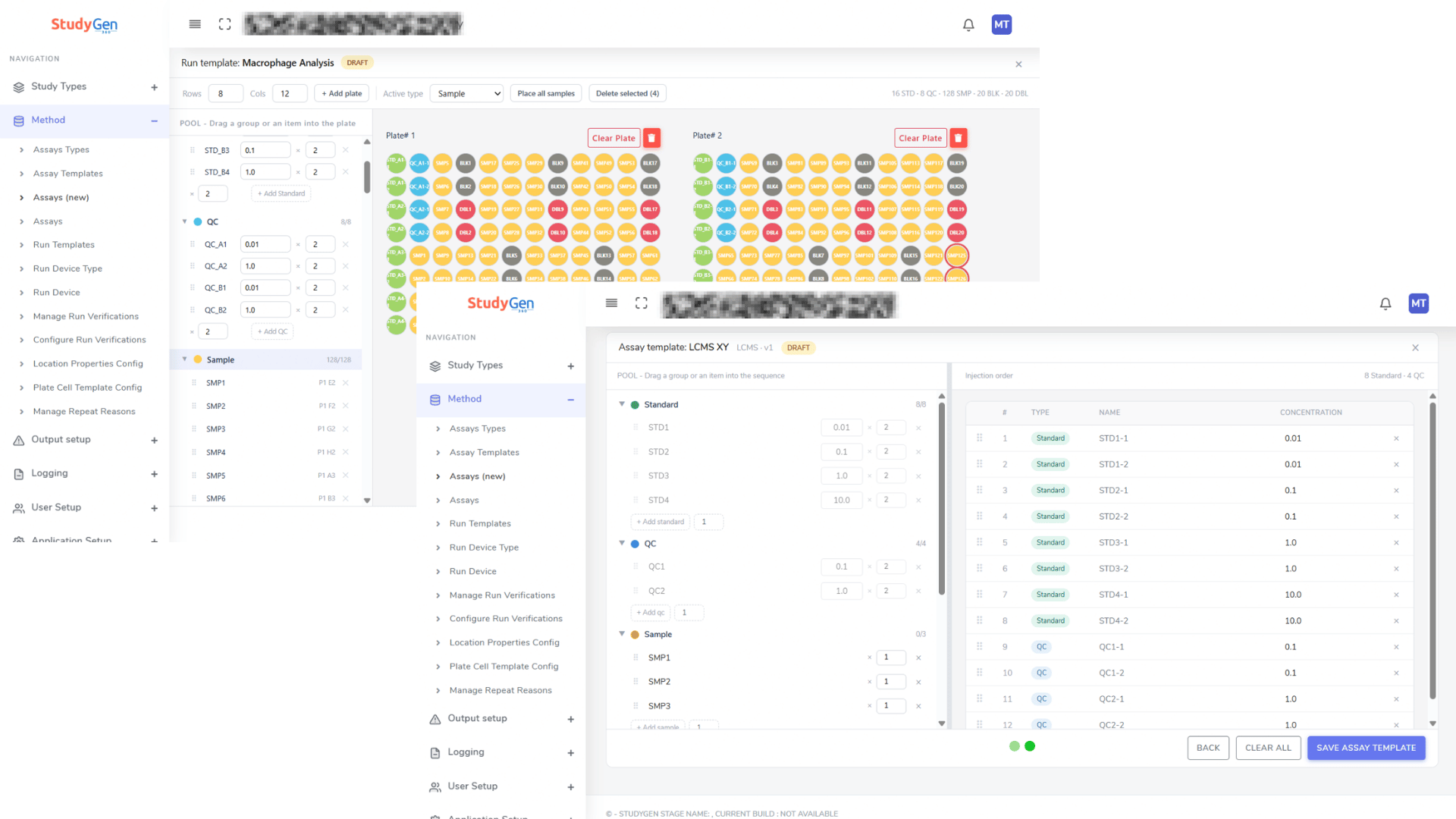 StudyLab run planning: injection sequence with standards and QCs, and plate layout with samples, blanks and double blanks