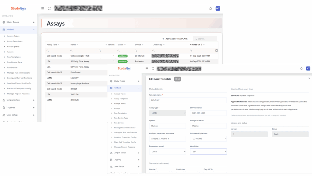 StudyLab assay template editor with method identity, SOP reference, regression model and weighting, next to the assay list showing version and validation status.
