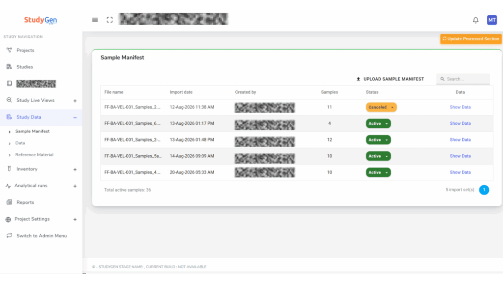 StudyLab sample manifest: uploaded import sets with file name, import date, sample count and active or cancelled status