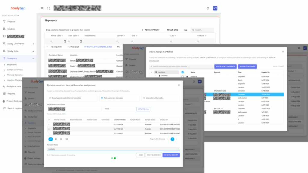 StudyLab sample receipt: shipment record, container assignment and automatic internal barcode generation for incoming samples