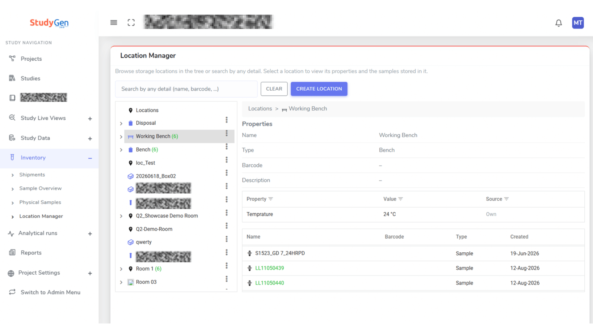 StudyLab location manager with a storage hierarchy tree, location properties including temperature, and the samples stored at each location