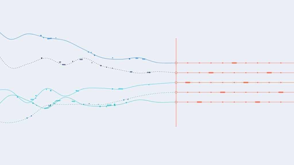 Abstract data streams converging at an orange cutoff line and continuing as clean, parallel lines.