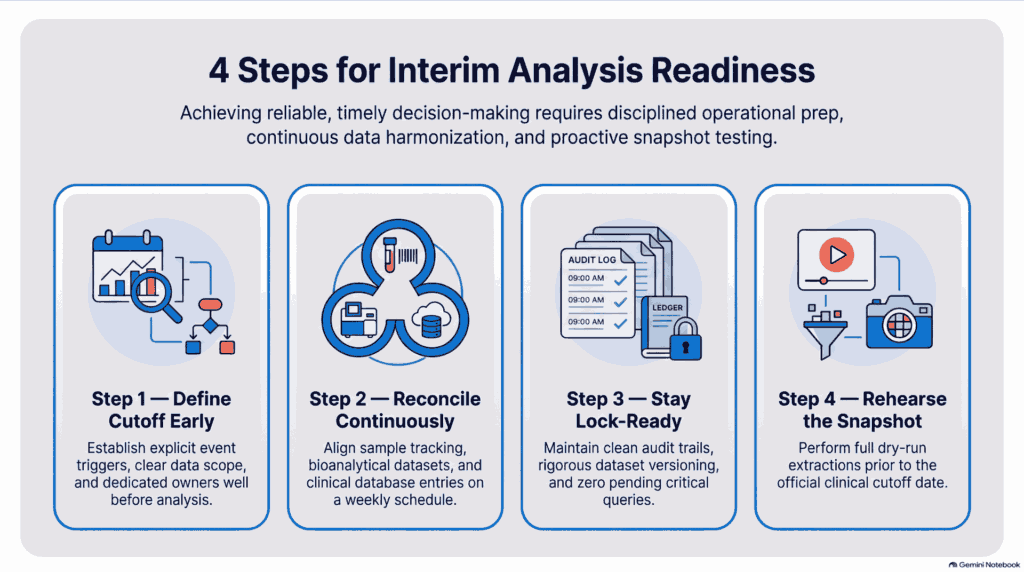 Infographic: 4 steps to interim readiness – define the cutoff early, reconcile continuously, stay lock-ready, rehearse the snapshot.