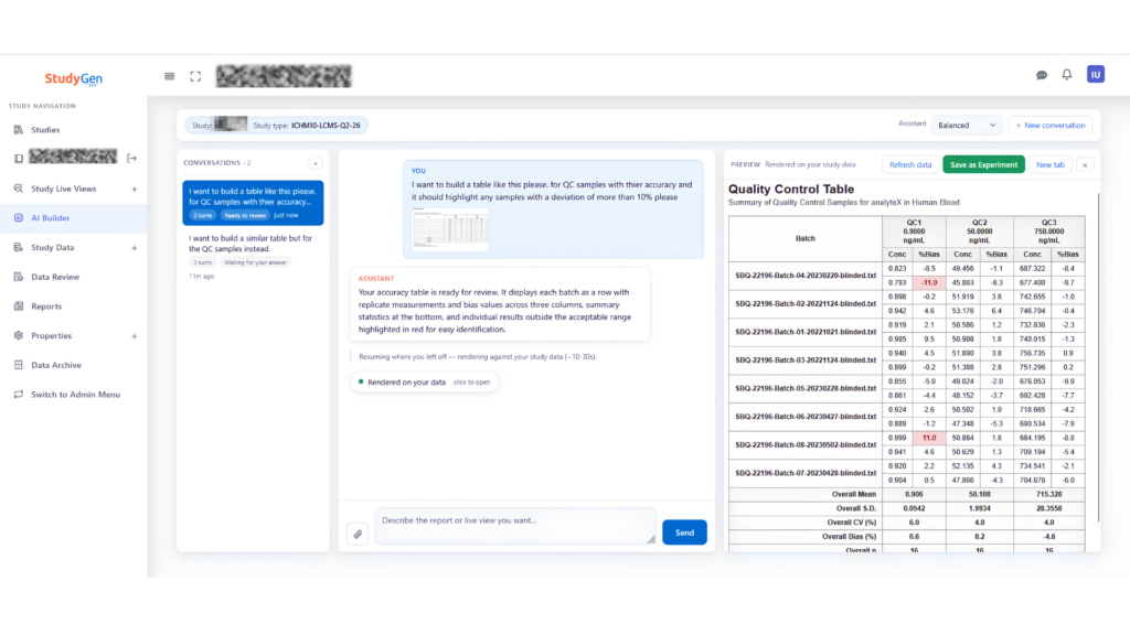 StudyAI AI Builder creates a QC accuracy table with %bias from a natural language request, deviations over 10% highlighted