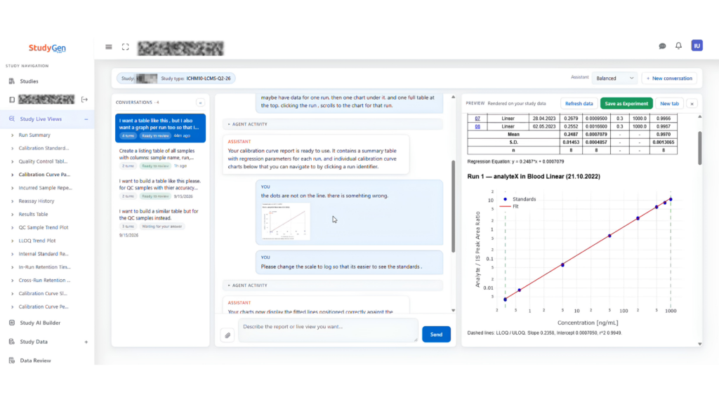 StudyAI refines a calibration curve chart to logarithmic scale based on user feedback in the chat