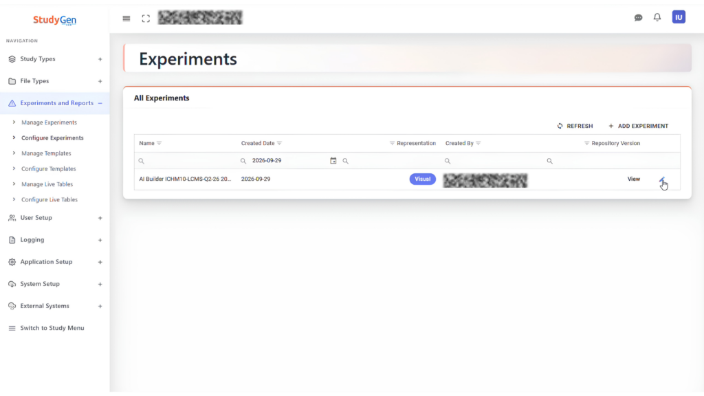 StudyGen 360 admin view listing experiments, including an AI Builder report with date, author and repository version