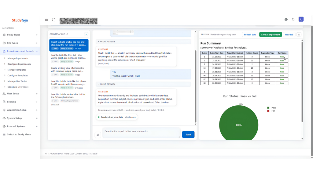 StudyAI run summary of analytical batches with pass/fail status per batch and a pass-vs-fail pie chart