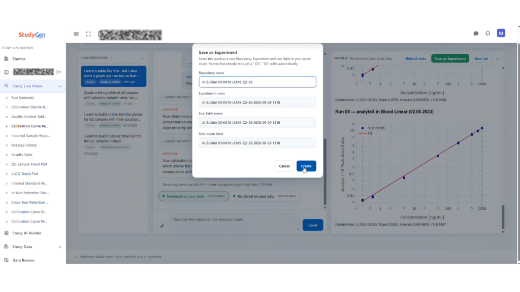 StudyAI "Save as Experiment" dialog creating repository, experiment, live table and side-menu label in the active study